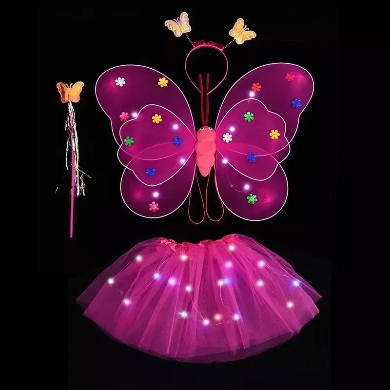 Traje de luces LED para niñas, falda de mariposa intermitente, alas luminosas de Ángel, accesorios de disfraz, vestido de princesa, 2-6 años