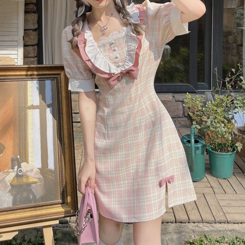 2024 baru gaun ramping pinggang kotak-kotak pita gadis manis Perancis musim panas ukuran besar untuk wanita pakaian Y2k pakaian Kawaii Lolita