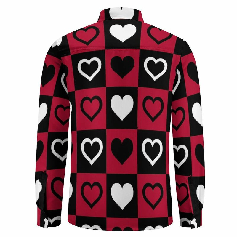Red And Black Check Print Casual Shirt Men Heart Harajuku Shirt Autumn Elegant Blouse Long Sleeve Design Oversized Clothes