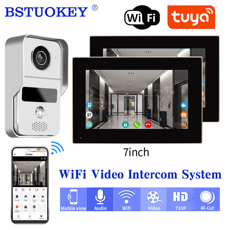 Tuya-visiophone intelligent sans fil, sonnette vidéo Wi-Fi, interphone domestique, caméra de visualisation de porte, écran 7 ", enregistrement de mouvement, téléphone, 1080P, RFID
