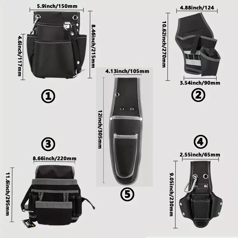 5ข้อกำหนดกระเป๋าเข็มขัดเครื่องมือด้านเดียวสำหรับช่างไฟช่างไม้และช่างก่อสร้างผ้าใบที่ทนทานสีดำ