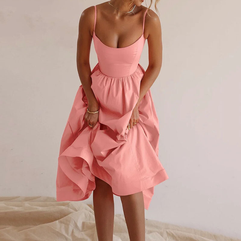 Frauen Sommer neues Produkt einfarbig sexy U-Ausschnitt Taille falten hängenden Riemen großes Swing-Kleid für Frauen