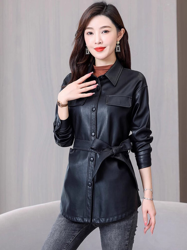 New Women Shirt Style Leather Jacket Spring Autumn Fashion Casual Turn-down Collar Lace-up Slim Leather Coat Split Leather