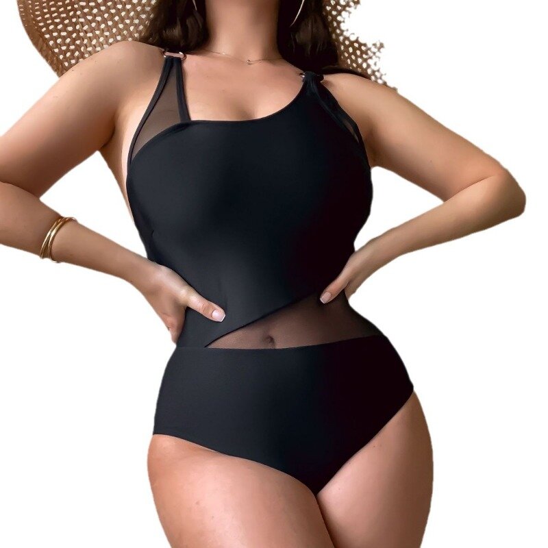 2024 Sexy Black Mesh Patchwork Swimwear Women Hollow Mesh Patchwork One Piece Swimsuit Monokini Backless Bathing Suit