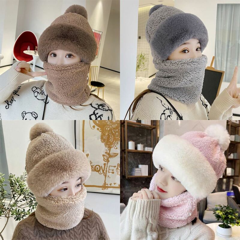 Women Windproof Ear Protection Beanies Hat Plush Velvet Hats Hat Scarf Set Neck Warmer