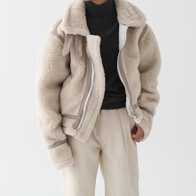 Casaco de cordeiro de pele sintética masculino com zíper, jaquetas misteriosas, grosso quente, elegante solto, lindos casacos masculinos, roupas de inverno, Z98, 2023