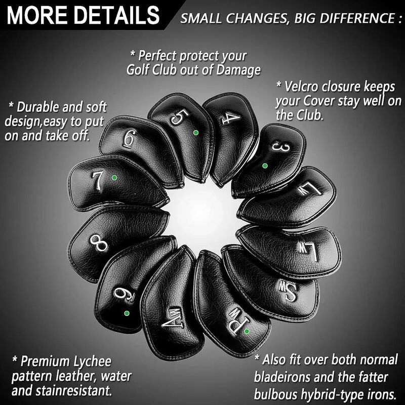 Couro sintético Deluxe Club Headcover, Golf Iron Head Covers Value, Universal Fit, Main Iron Clubs, Conjunto de 12 pcs