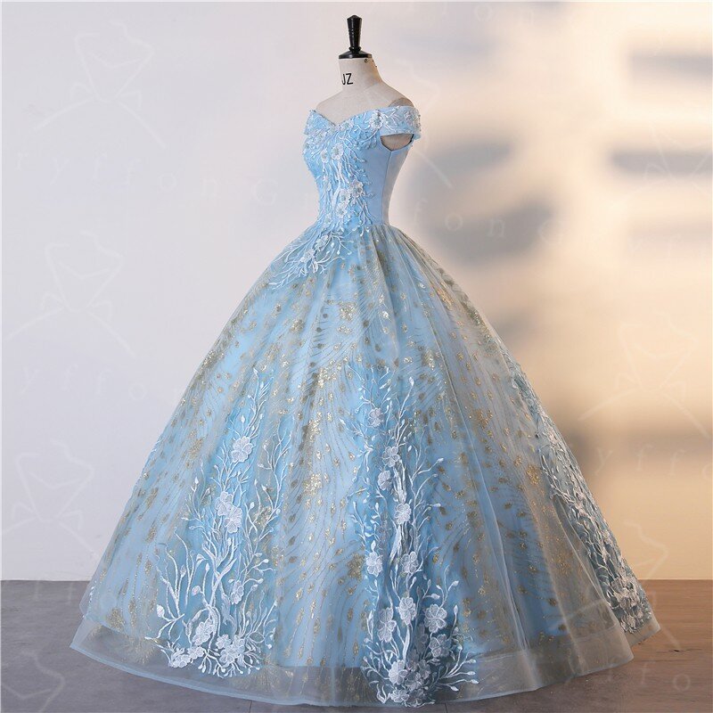 Lichtblauw Jurken Uit De Schouder Party Dress Luxe Kant Baljurk Glanzend Sequin Prom Dress Plus Size Vestidos