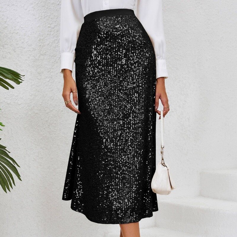 Modna elegancka cekinowa elastyczna spódnice Midi w talii na letnie sukienki 2024 nowa luźna, solidna spódnica w kształcie linii a dla kobiet