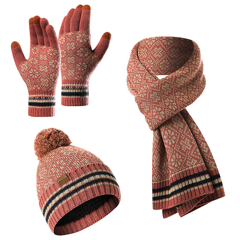 Зимняя шапка шарф перчатки Набор из 3 предметов искусственная кожа и сенсорный экран Флисовая Подкладка Зимний теплый вязаный комплект для женщин