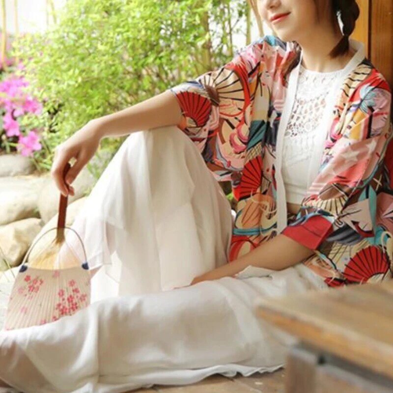 Cardigã estampado estilo chinês feminino, solto, chiffon fino e versátil, casaco de manga meia, blusa retrô, verão, novo, 2024