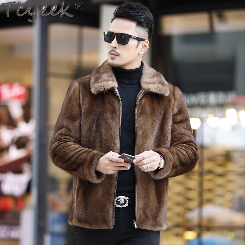 Tcyeek-男性用のナチュラルミンクファーコート,ファージャケットとジッパー付きの高品質の本物の毛皮のコート,新しい冬服2023