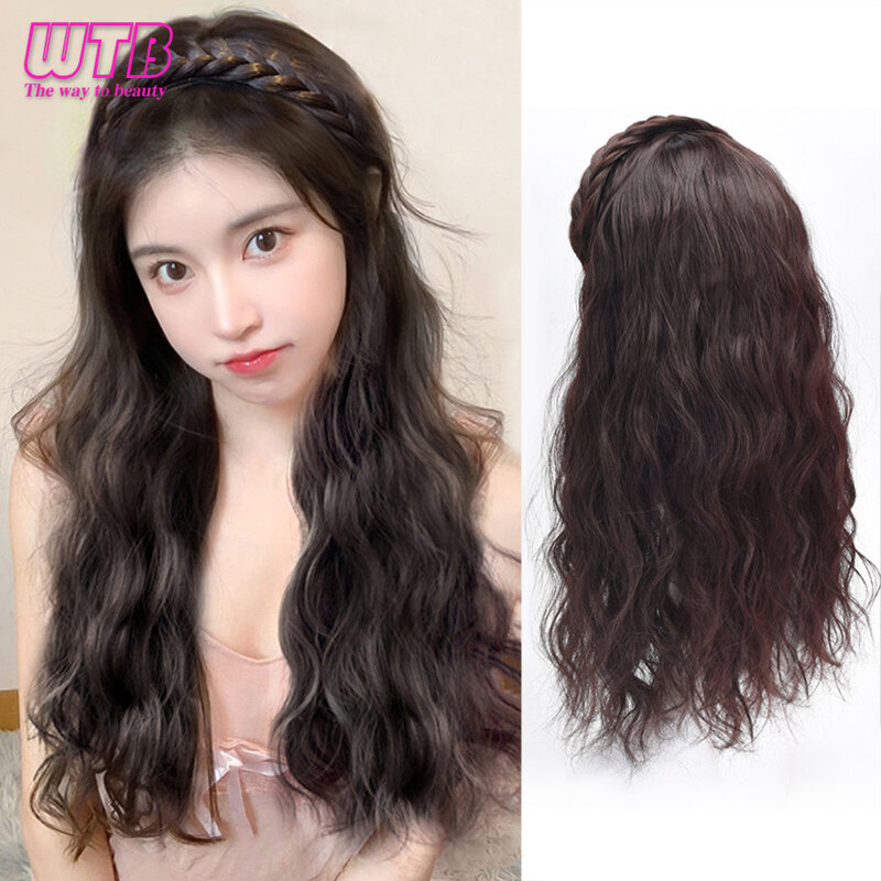 WTB peluca rizada larga sintética, cabello largo femenino, diadema trenzada juguetona, Media cabeza, extensión Natural