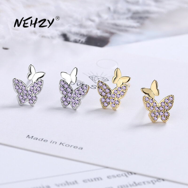 NEHZY, новые женские модные ювелирные украшения с серебряным покрытием, высококачественные простые серьги с кубическим цирконием и бабочкой из золотистого серебра