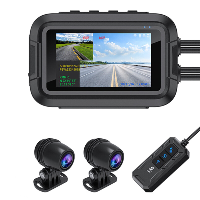 Kamera dasbor DVR sepeda motor GPS, + 1080P Full HD pemantauan parkir tampilan depan belakang tahan air kamera sepeda motor perekam pencatat GPS