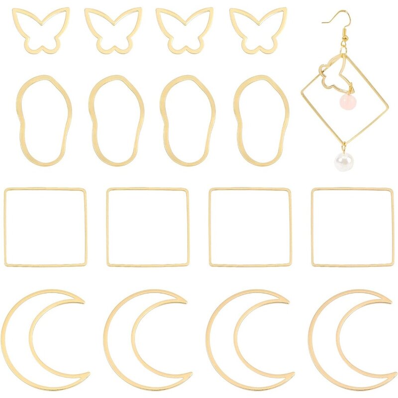 16 pezzi 4 stili veri anelli di collegamento in ottone placcato oro 18 carati cornici vuote quadrate ciondoli vuoti con lunetta aperta
