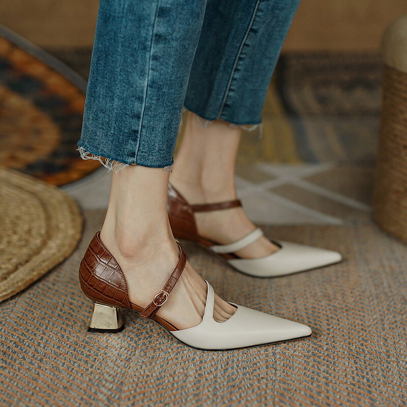 Sandalias de piel de vaca de leather22-24.5cm natural para mujer, zapatos con estampado de piedra en relieve, punta estrecha, cuero completo, verano, 2022