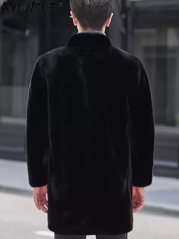 AYUNSUE-Manteau en fourrure de vison véritable pour hommes, vestes mi-longues, col en V, mode combinée, fourrure naturelle, hiver 2023