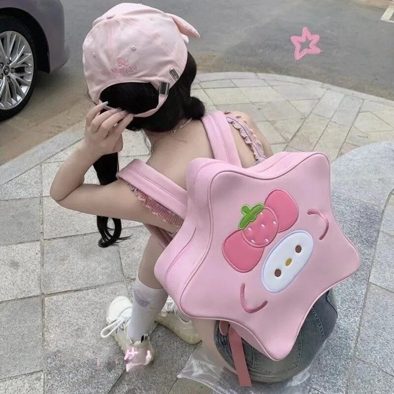 MBTI Melody Backpacks for Women Pink Cartoon Elegant Cute Pentagram Shape Students Backpack Leather Casual Kawaii Lolita Jk Bag