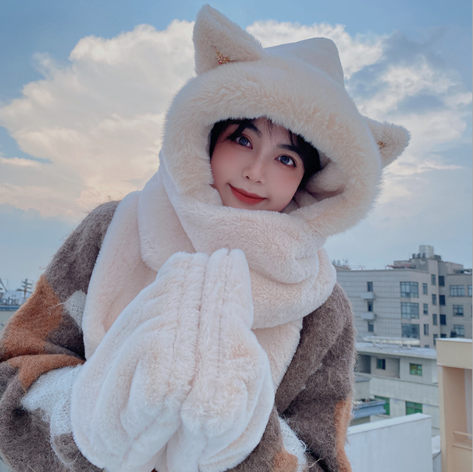 Topi Kucing Bulu Imitasi Musim Dingin Fashion Wanita Perdagangan Luar Negeri Lintas Batas Hangat Musim Gugur Topi Mewah Syal Sarung Tangan Integrasi Putih
