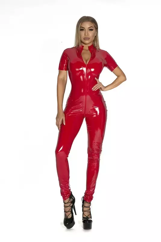 Zwart Rood Wetlook Lederen Jumpsuit Voor Vrouwen Sexy Dubbele Rits Open Kruis Bodysuit Glanzend Latex Catsuit Erotische Clubkleding