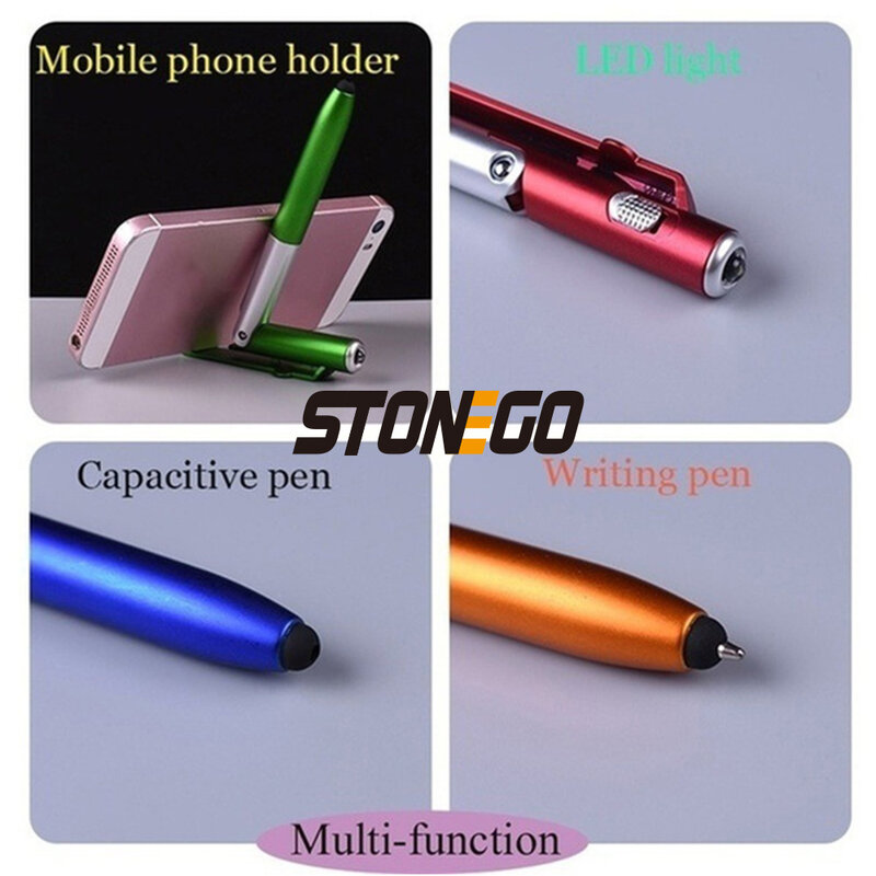 STONEGO-bolígrafo multifunción 4 en 1 plegable, bolígrafo Stylus (Linterna + soporte) para tableta y teléfono móvil