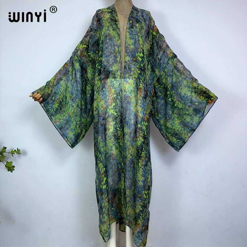 Winyi-抽象的なプリントビキニカバーアップ、セクシーなカーディガン、綿の感触のドレス、長袖、視点、着物、ビーチ、夏、休暇