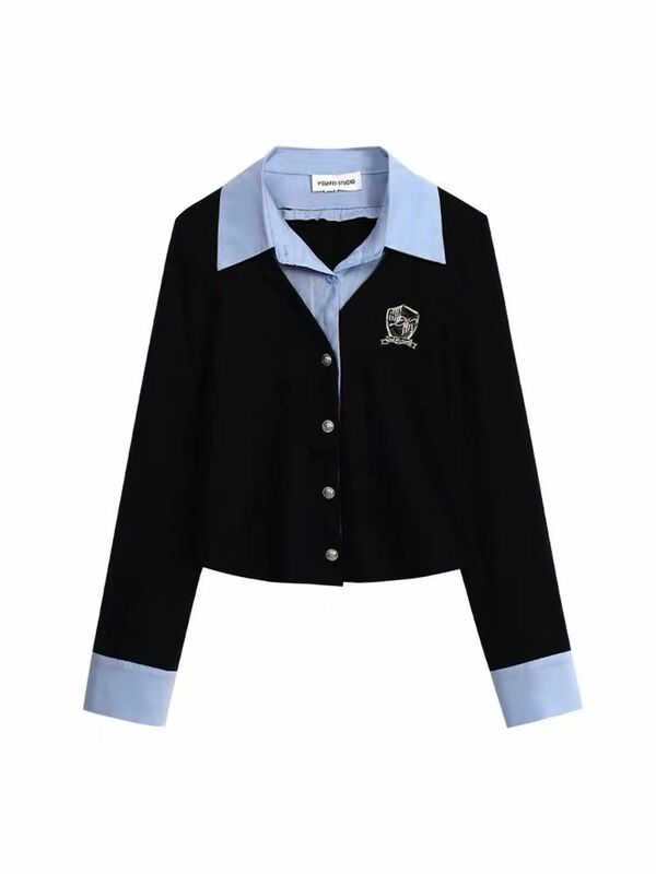 Conjunto curto de camisa polo com gola polo, edição coreana, estilo de academia, duas peças falsas, primavera e outono