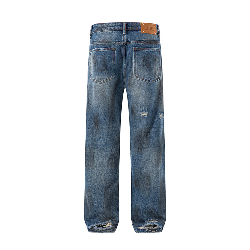 Мужские джинсы в американском стиле, Эксклюзивные прямые свободные брюки с индивидуальным принтом и ручной росписью, повседневные мужские брюки в стиле ретро, 2024