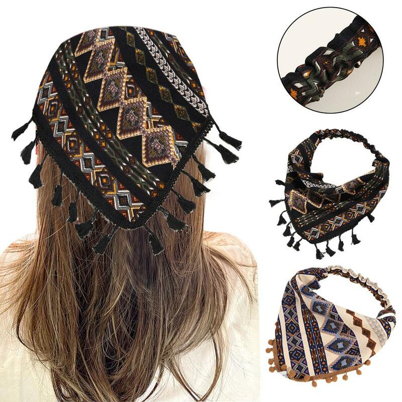 Bufanda Triangular esmerilada para mujer, turbante con patrones de borlas, Bandana para el cabello, accesorios geométricos de moda, R4y3