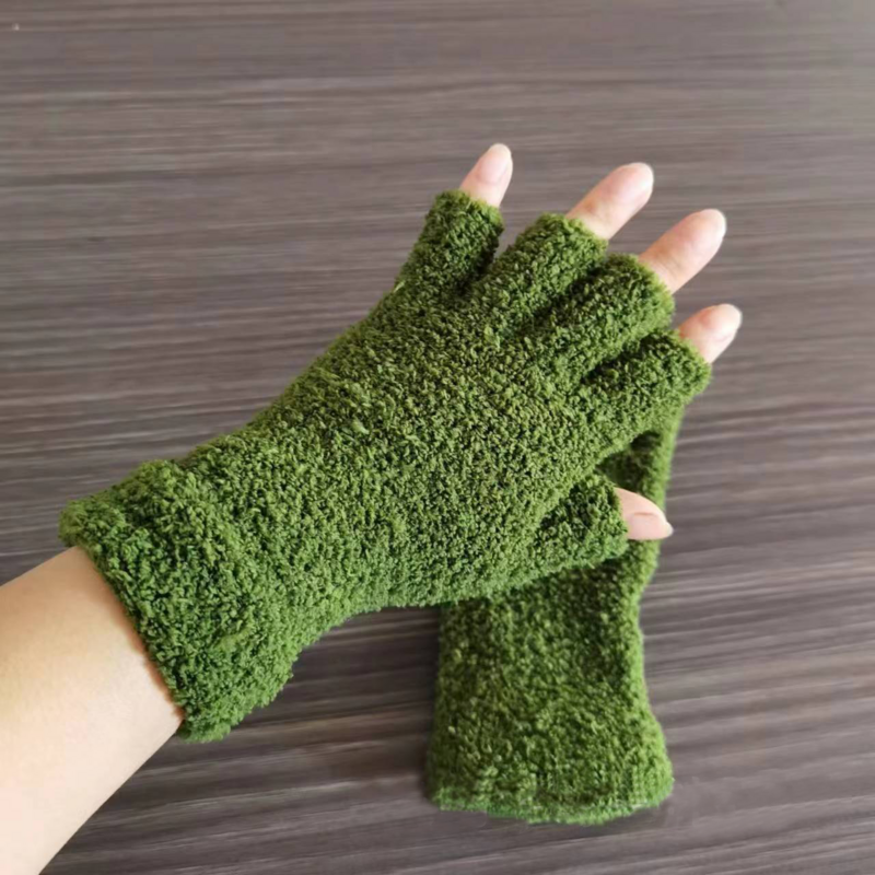 Sarung tangan setengah jari hangat untuk pria wanita, sarung tangan pergelangan tangan ekstensi polos beludru karang layar sentuh bersepeda tebal mewah untuk musim dingin