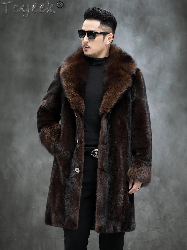 Tcyek 남성용 진짜 모피 재킷, 중간 길이 천연 전체 밍크 모피 코트, 남성 의류, 고급 패션, 겨울