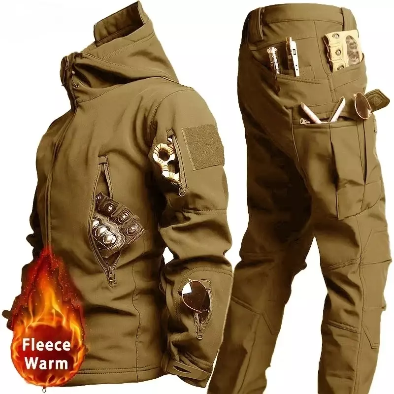 전술 방수 남성용 카모 세트, 부드러운 쉘 양털, 겨울 전투 세트, 바람막이, 따뜻한 멀티 포켓, 야외 훈련 유니폼