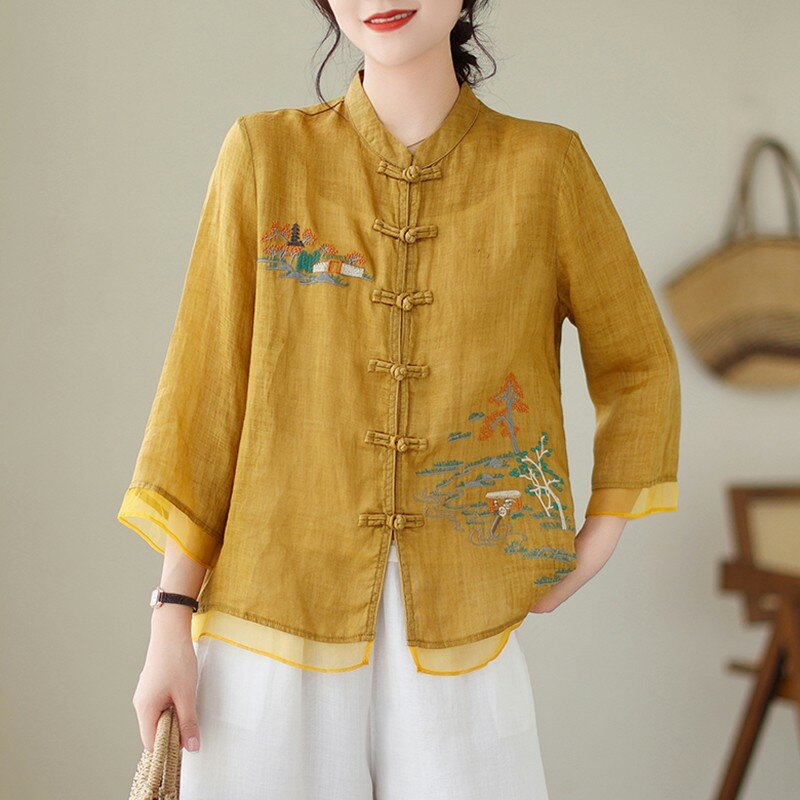 Camisa casual bordada vintage estilo chinês feminino, solto e confortável básico feminino, camisa de verão, nova chegada, 2022, B3709