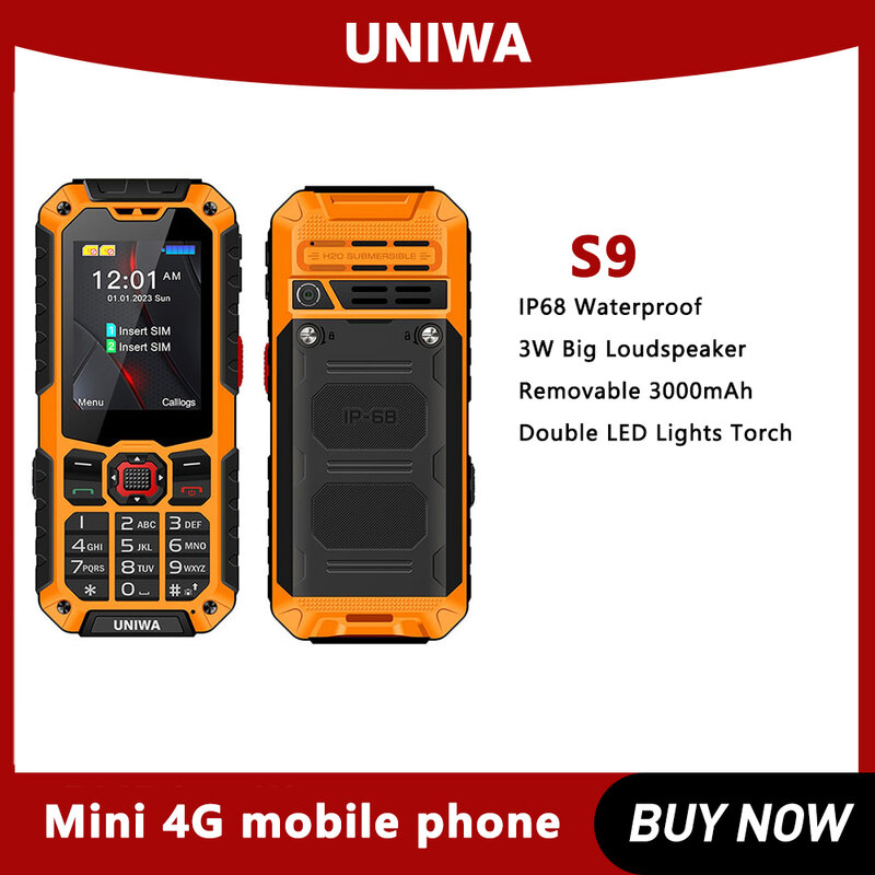 Uniwa โทรศัพท์มีสาย S9 4G 2.4นิ้ว IP68กันน้ำ, มีไฟฉายโทรศัพท์มือถือมาพร้อมปุ่มกด