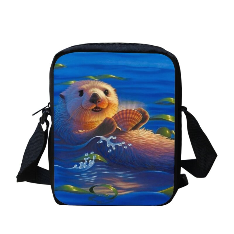 Cartoon Swimming Otter Print Messenger Bag for Kids Fashion Casual Travel Shoulder Bag Small Capacity Adjustable Crossbody Bags