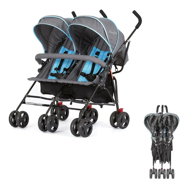 Wolgo podwójny wózek parasolowy w kolorze niebieskim, lekki podwójny wózek dla niemowląt i małych dzieci, kompaktowy łatwy do złożenia, duży kosz do przechowywania