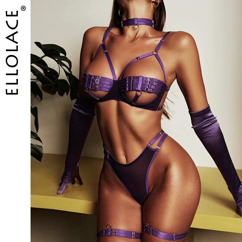 Ellolace Lingerie Seksi Wanita Telanjang Tanpa Sensor 5-Piece Kostum Seksi Pakaian Dalam Berongga Pakaian Bra Terbuka Sensual Tanpa Sensor