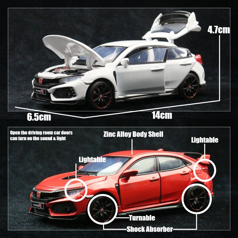 1/32 Honda Civic Type R Toy Car For Children Diecast Miniature Model Pull Back Doors Openable Sound Light Collection Gift Boys