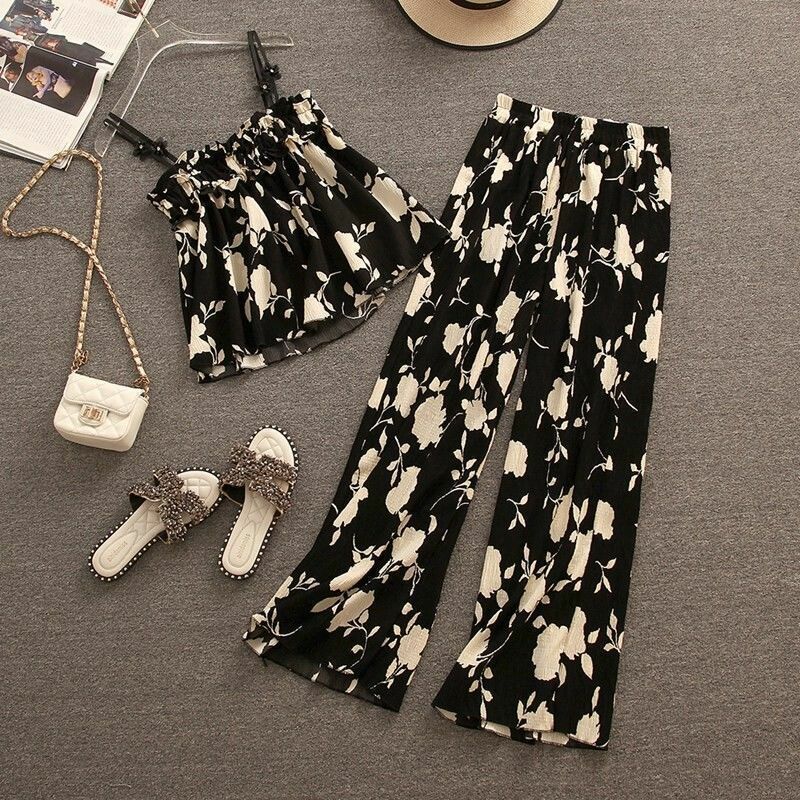 Large Size Women's Summer Set 2024 New Slimming and Floral Suspender Loose Wide Leg Pants Fashionable Two-piece Set for Women
