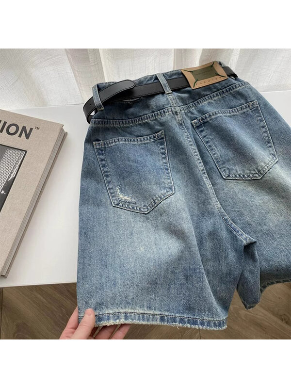Women's Ripped Denim Shorts High Waist Wide Shorts Vintage Harajuku Y2k Korean Streetwear Knee Length Jeans Short Pants Summer