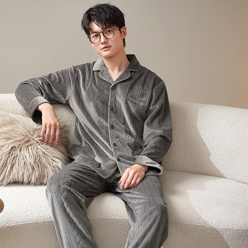 Men's Pajamas Warm Flannel Autumn Winter Male Pyjama Homme Pijama Sleepwear Long-Sleeve Thick Island Fleece Lounge Sleep Set 3XL