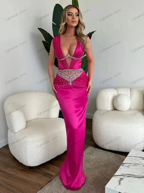 Gorgeous Evening Dresses Glitter Prom Dress Sexy Sleeveless Backless Robes Beading Appliques Deep V-Neck Vestidos De Gala 2024