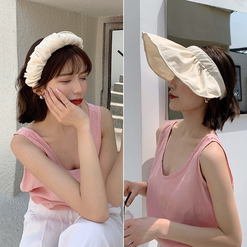Portable Foldable Wide Large Brim Sun Hat Beach Hats For Women Empty Top Visors Cap Hair Accessories Dual-Use Headband Gorras