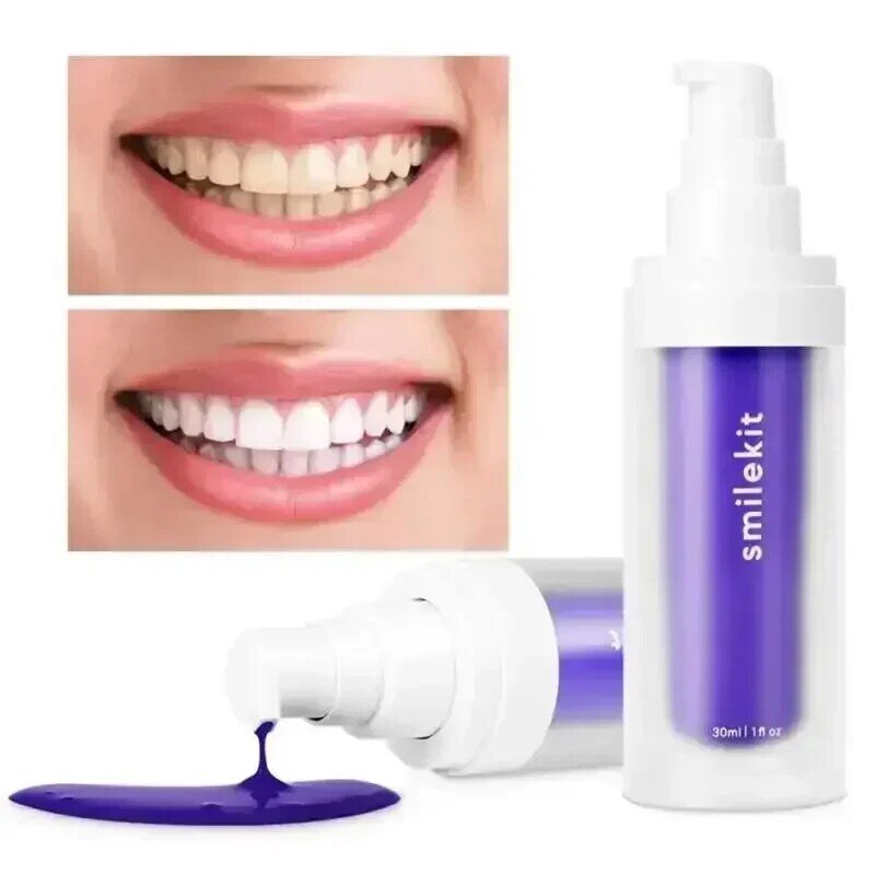 SMILEKIT-pasta de dientes blanqueadora V34 púrpura, elimina manchas de humo, elimina manchas, Reduce el color amarillo, cuidado de encías dentales, aliento fresco