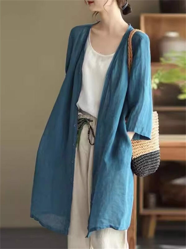 Cotton And Linen Jacket Women's 2024 Spring Summer Thin Fashionable Medium Length 3/4 Sleeves  Casual Sun Protection Shirt K970