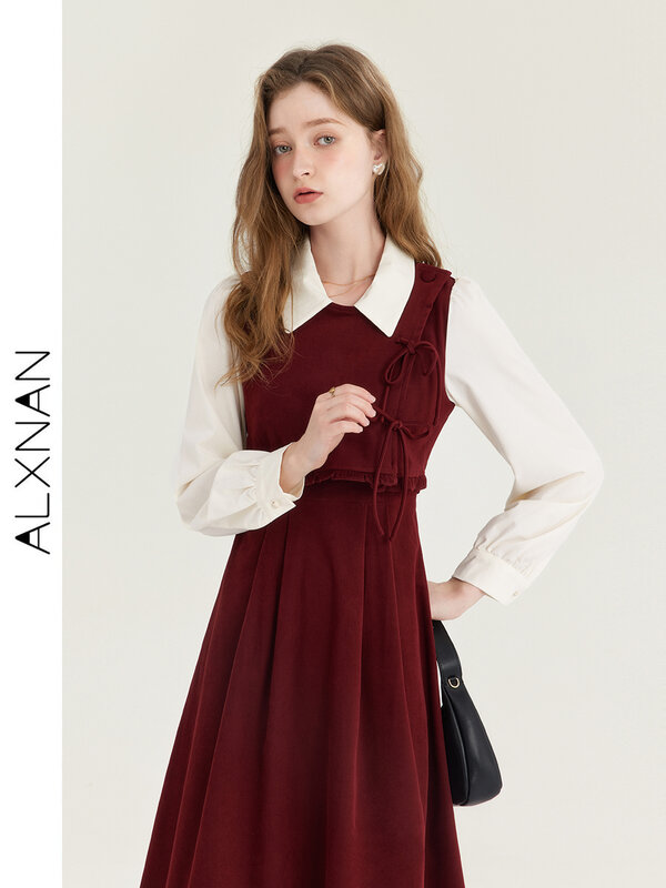 ALXNAN-Elegante vestido francês falso de duas peças para mulheres, roupas de outono e inverno, novo vestido plissado midi com gravata borboleta, T01003