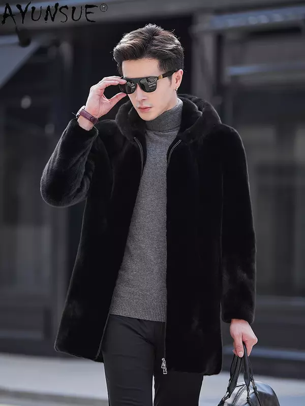 AYUNSUE-Casaco de pele vison natural masculino, jaqueta de inverno com capuz, casacos de pele preta de comprimento médio, streetwear luxuoso, 2023