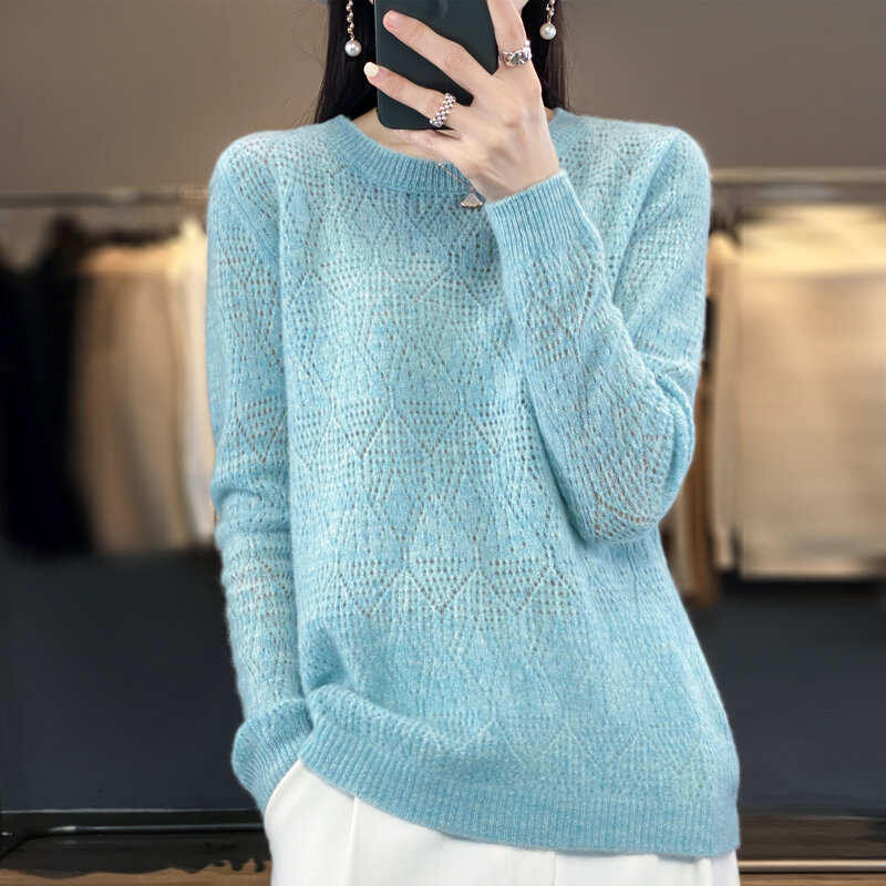 Spring Autumn New 100 Woolen Sweater Women's Low Round Neck Pullover Knitted Hollow Out Thin Solid Color Bottom Loose Top Trendy