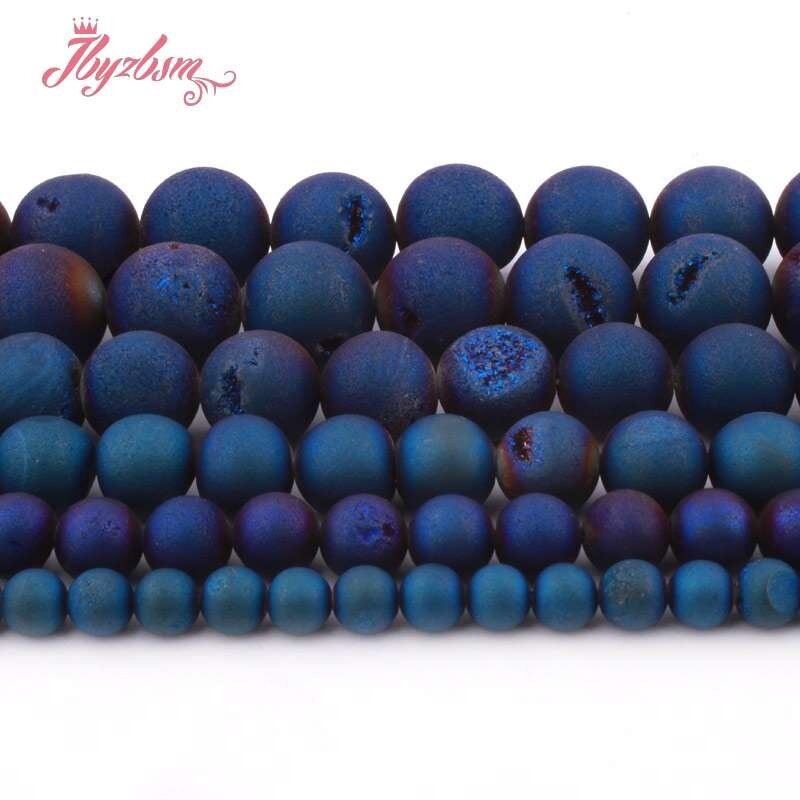 8,10,12,14mm Runde Perlen Blau Metallic Beschichtet Druzy Achate Stein Perlen Für Halskette Armband Schmuck Machen 15"